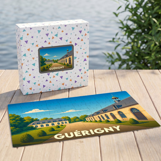 Puzzle souvenir de la ville de Guérigny avec une illustration stylisée.