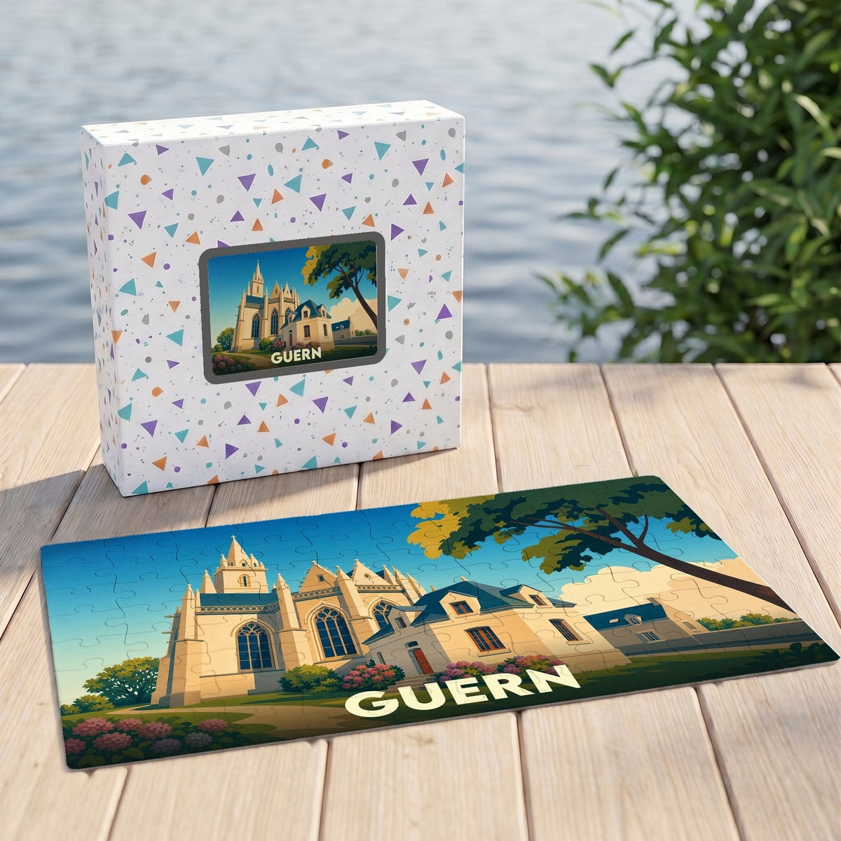 Puzzle souvenir de la ville de Guern avec une illustration stylisée d'un monument historique.