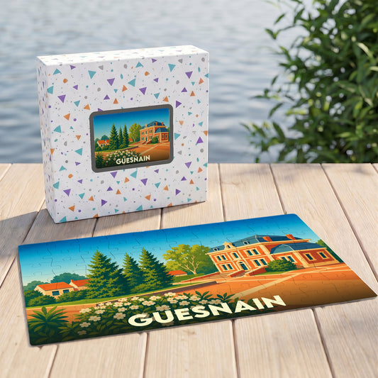 Puzzle souvenir de la ville de Guesnain avec une illustration stylisée d'un manoir.