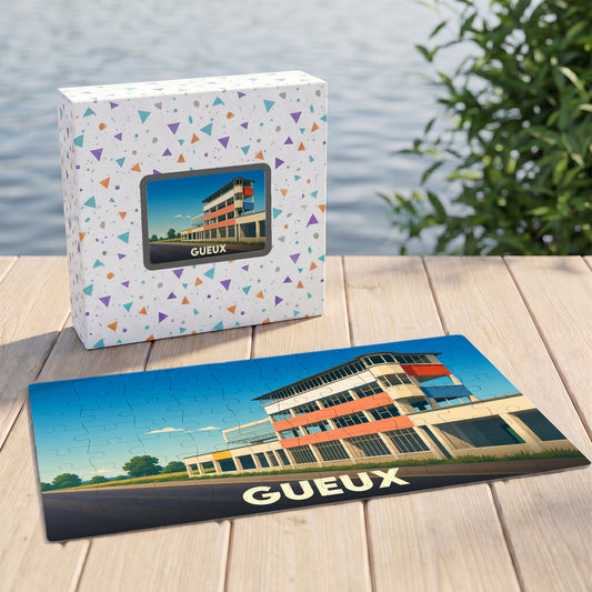 Puzzle souvenir de la ville de Gueux représentant une illustration stylisée de ses tribunes historiques.