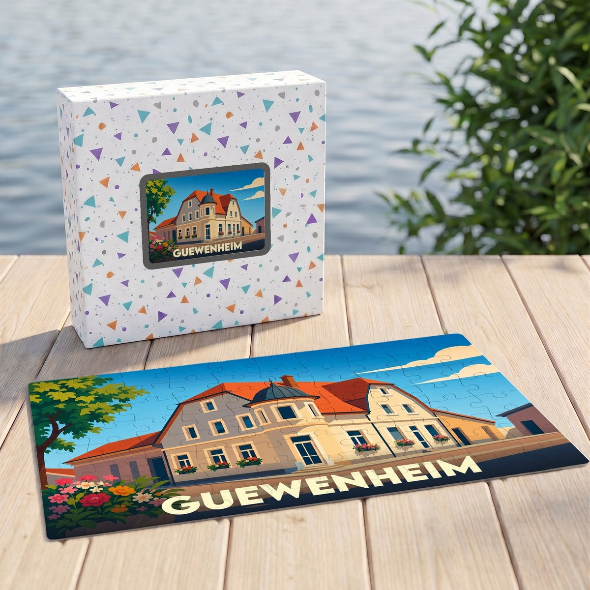 Puzzle souvenir de la ville de Guewenheim avec une illustration stylisée d'une maison alsacienne.