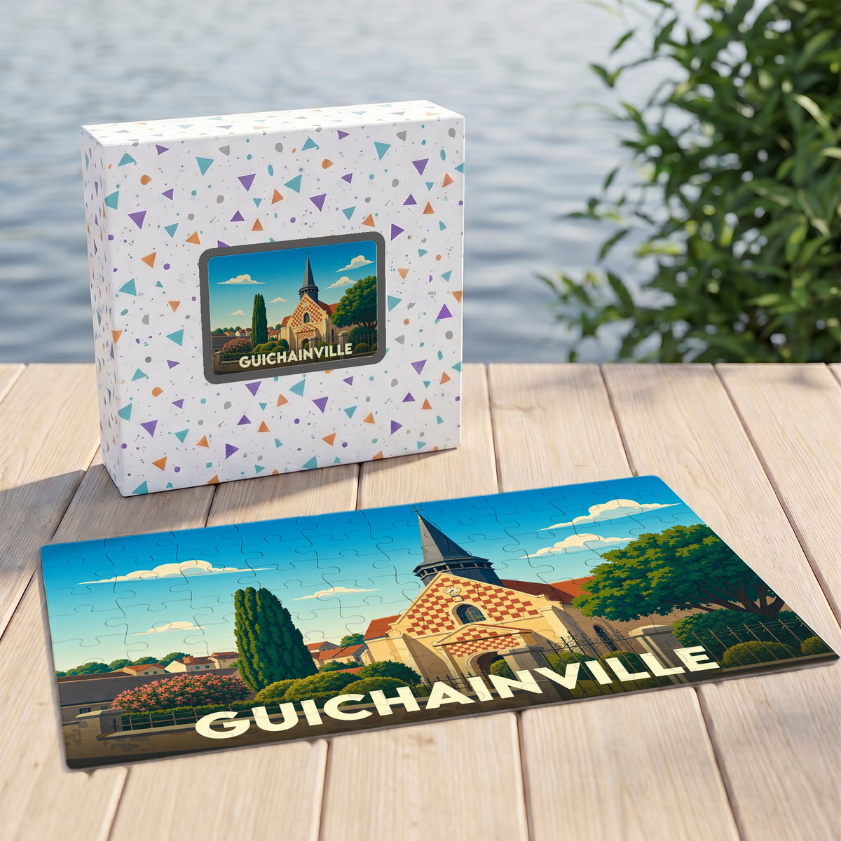 Puzzle souvenir de la ville de Guichainville avec une illustration stylisée.