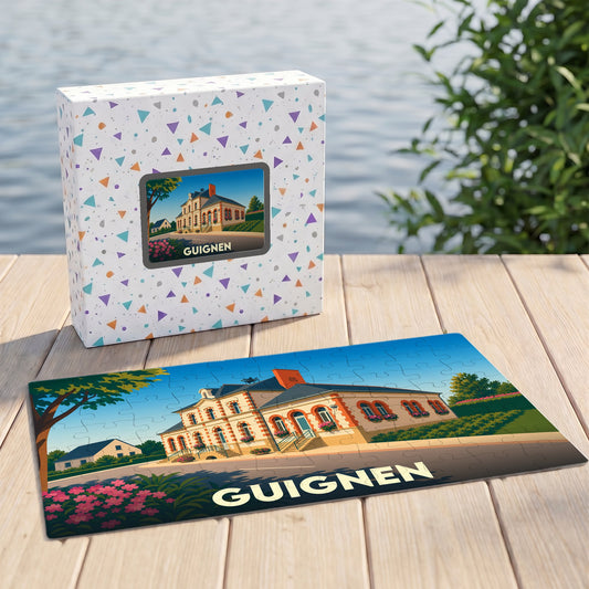 Puzzle souvenir de la ville de Guignen avec une illustration stylisée d'un bâtiment historique.