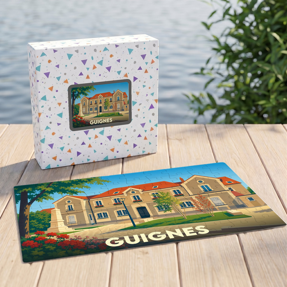 Puzzle souvenir de la ville de Guignes avec une illustration stylisée de son patrimoine.