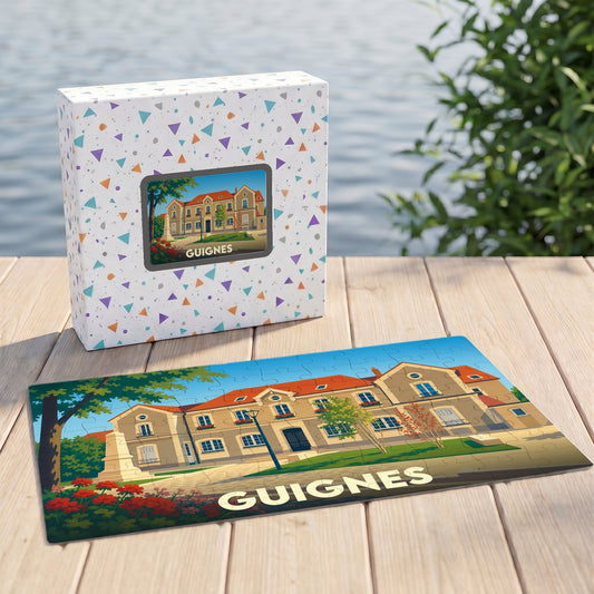 Puzzle souvenir de la ville de Guignes avec une illustration stylisée de son patrimoine.