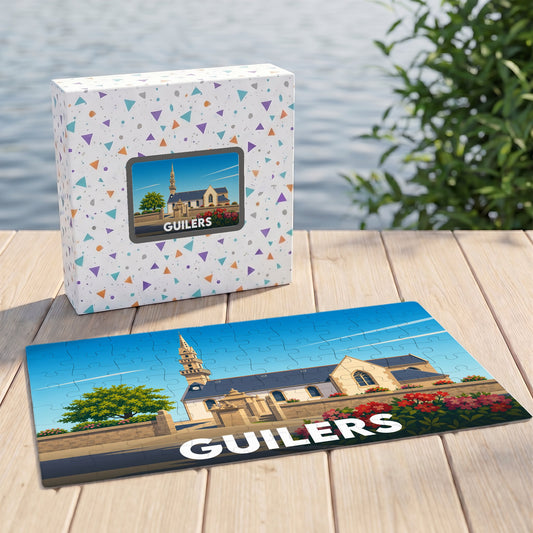 Puzzle souvenir de la ville de Guilers avec une illustration stylisée de son église.
