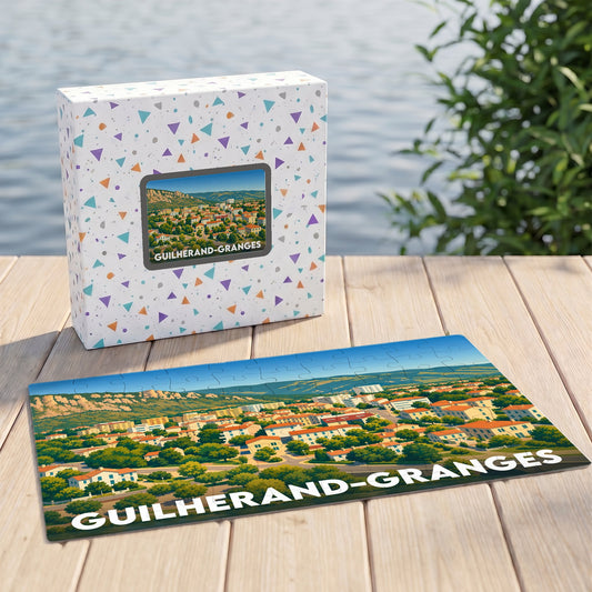 Puzzle souvenir de la ville de Guilherand-Granges avec une illustration panoramique stylisée.