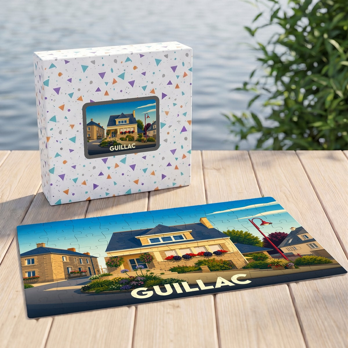 Puzzle souvenir de la ville de Guillac avec une illustration stylisée de maisons fleuries.