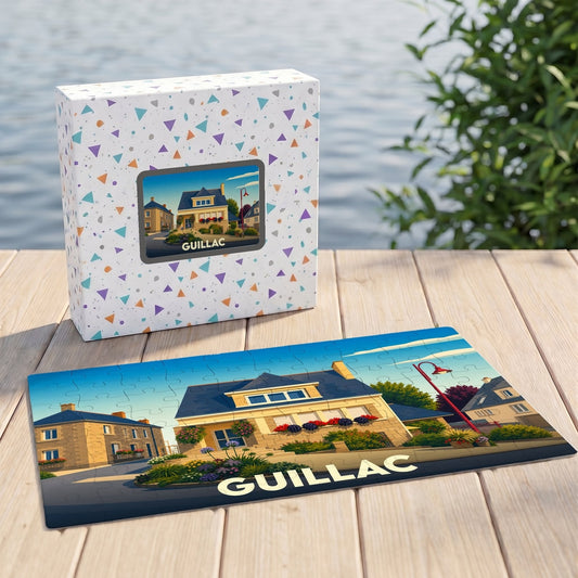 Puzzle souvenir de la ville de Guillac avec une illustration stylisée de maisons fleuries.
