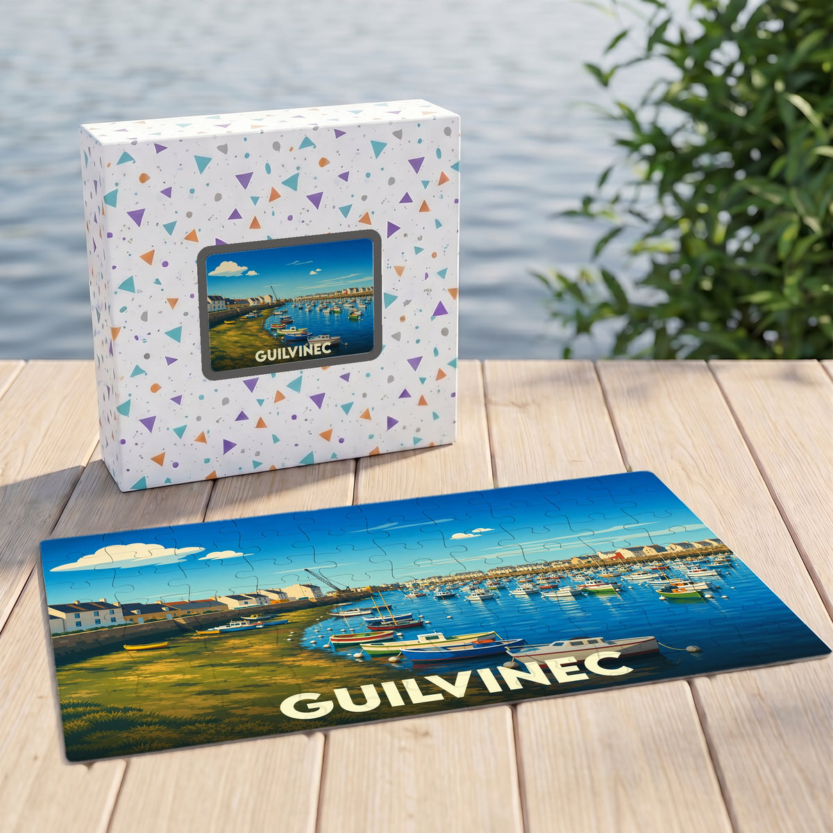 Puzzle souvenir de la ville de Guilvinec avec une illustration stylisée de son port de pêche.