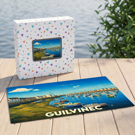 Puzzle souvenir de la ville de Guilvinec avec une illustration stylisée de son port de pêche.