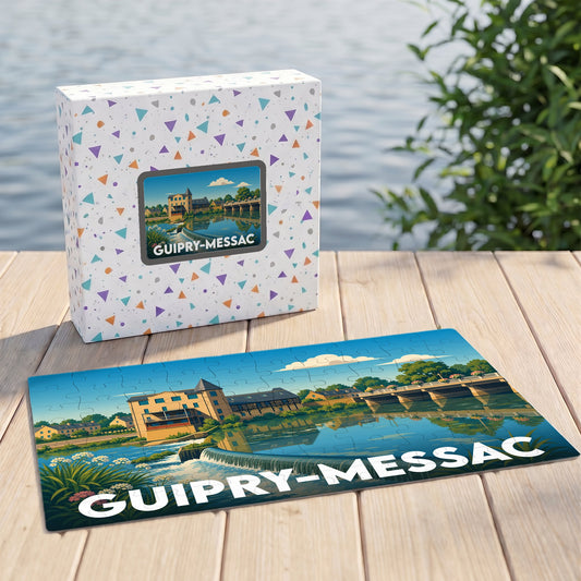 Puzzle souvenir de la ville de Guipry-Messac avec une illustration stylisée des bords de la Vilaine.
