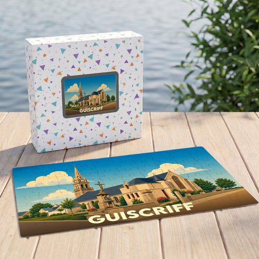 Puzzle souvenir de la ville de Guiscriff illustrant son église dans un style graphique épuré.