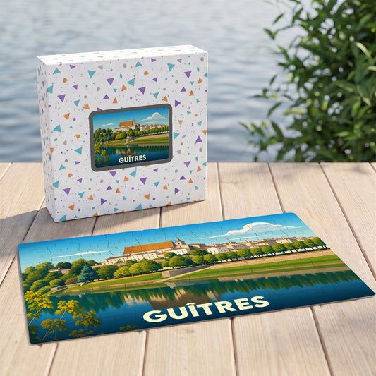 Puzzle souvenir de la ville de Guîtres avec une illustration stylisée et colorée.
