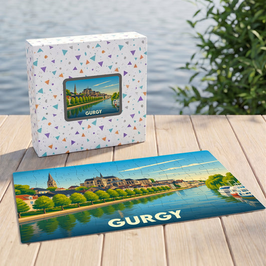 Puzzle souvenir de la ville de Gurgy avec une illustration stylisée d'un paysage fluvial.