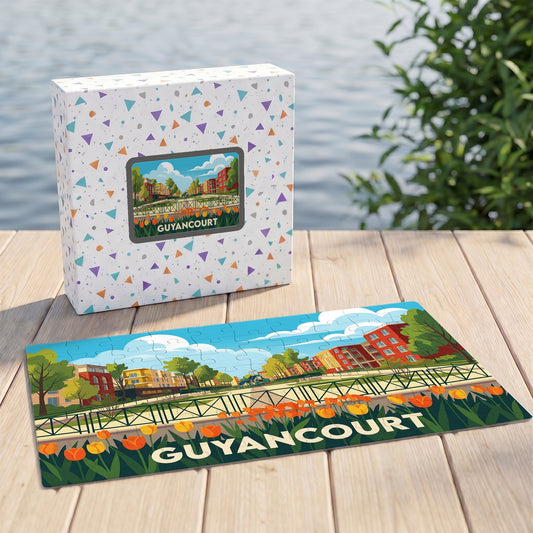 Puzzle souvenir de la ville de Guyancourt avec une illustration colorée et stylisée d'un paysage urbain fleuri.