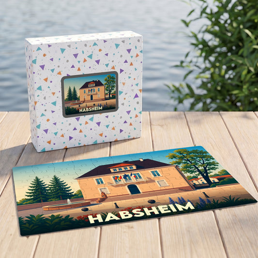 Puzzle souvenir de la ville de Habsheim avec une illustration stylisée de sa mairie.
