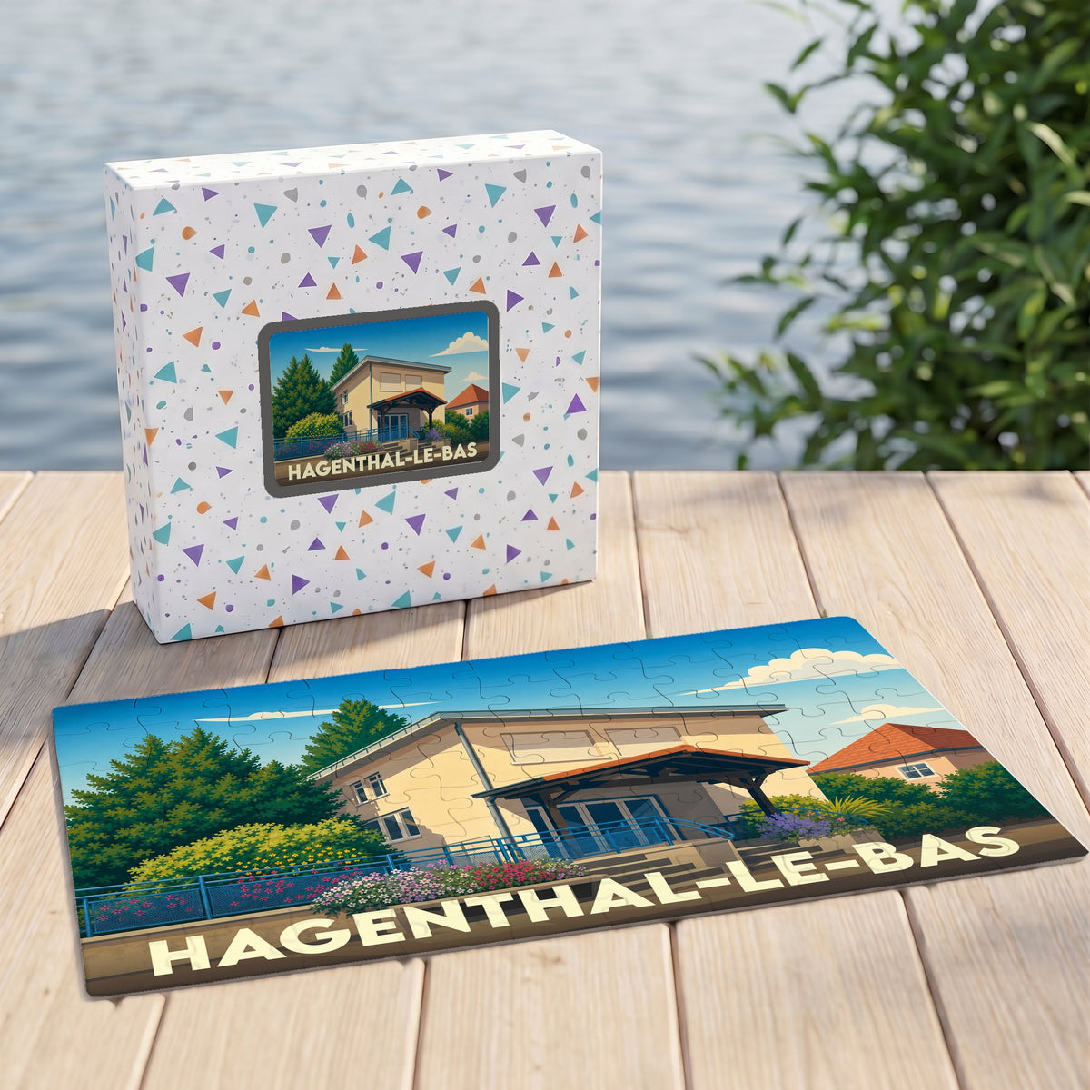 Puzzle souvenir de la ville de Hagenthal-le-Bas avec une illustration stylisée de son paysage urbain.