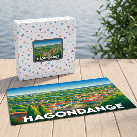 Puzzle souvenir de la ville de Hagondange avec une illustration panoramique stylisée.