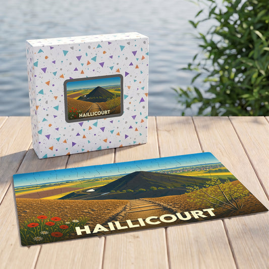 Puzzle souvenir de la ville de Haillicourt avec une illustration stylisée d'un terril.
