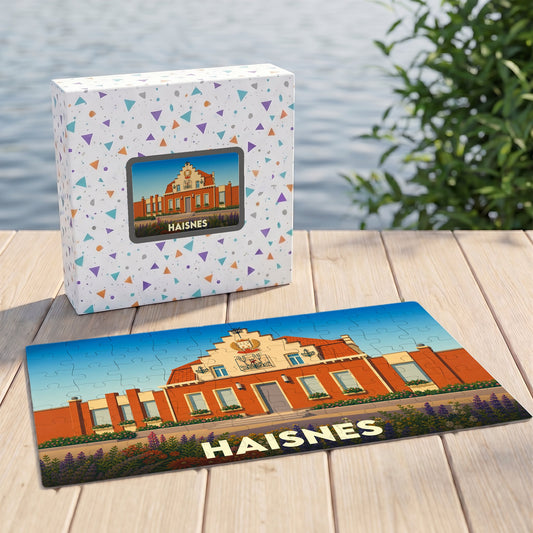 Puzzle souvenir de la ville de Haisnes avec une illustration stylisée de son hôtel de ville et sa boîte assortie.
