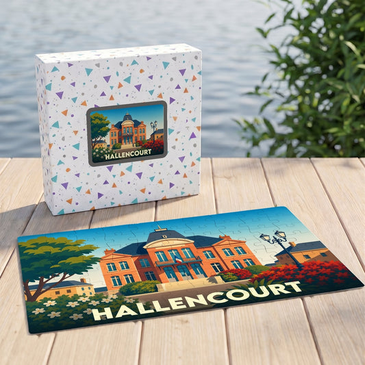 Puzzle souvenir de la ville de Hallencourt avec une illustration stylisée de son hôtel de ville.