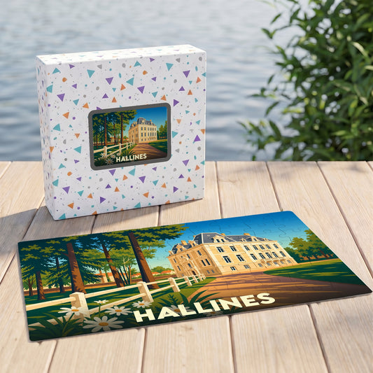 Puzzle souvenir de la ville de Hallines illustré d'un manoir majestueux dans son parc.
