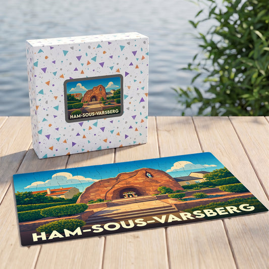 Puzzle souvenir de la ville de Ham-sous-Varsberg avec une illustration stylisée de sa grotte.