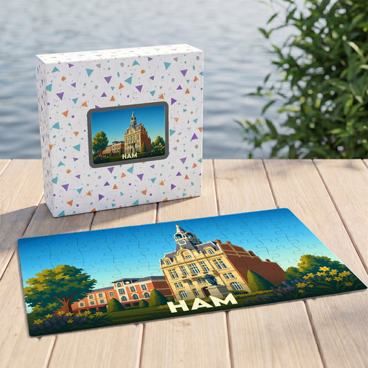Puzzle souvenir de la ville de Ham avec une illustration stylisée de l'hôtel de ville.