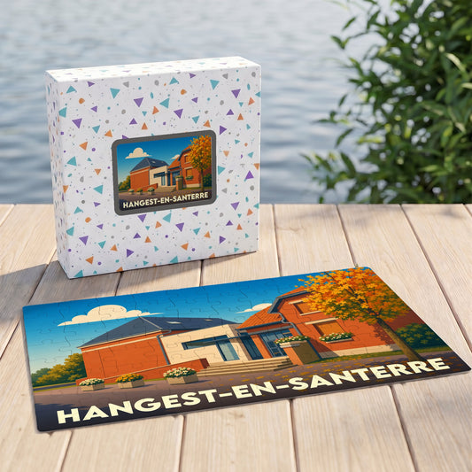 Puzzle souvenir de la ville de Hangest-en-Santerre avec une illustration stylisée et colorée.
