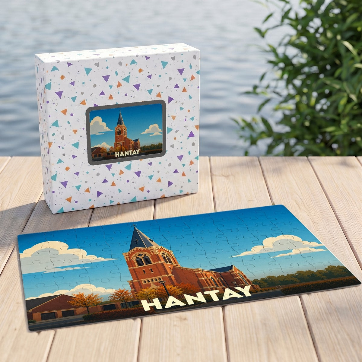 Puzzle souvenir de la ville de Hantay avec une illustration stylisée de son église.