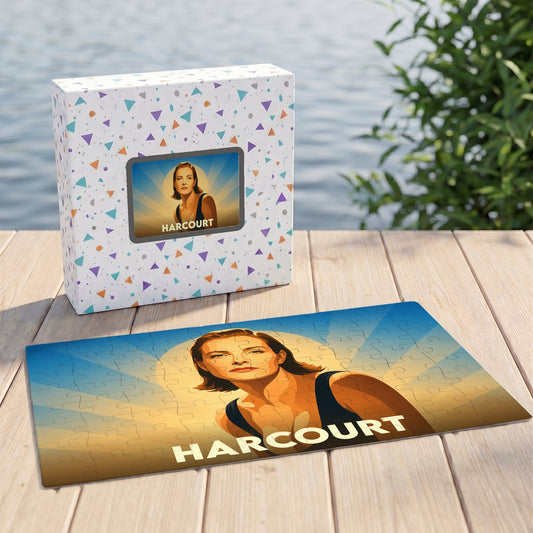 Puzzle souvenir de la ville de Harcourt avec une illustration stylisée d'une femme sur fond de soleil couchant.