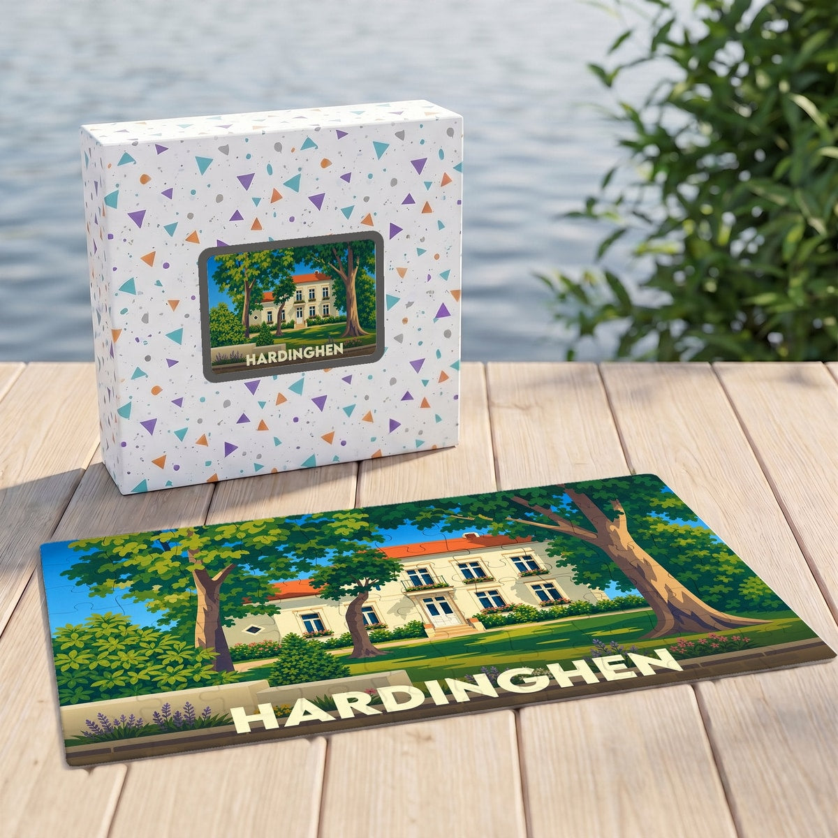 Puzzle souvenir de la ville de Hardinghen illustré d'un manoir entouré de verdure.