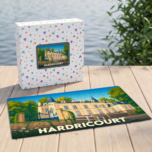 Puzzle souvenir de la ville de Hardricourt représentant son château avec une illustration colorée et stylisée.