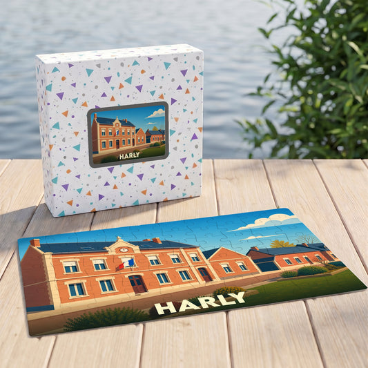 Puzzle souvenir de la ville de Harly avec une illustration stylisée d'un bâtiment municipal.