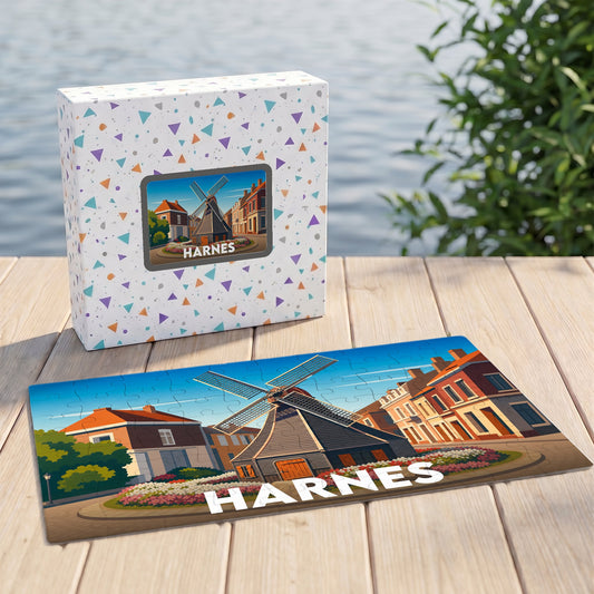 Puzzle souvenir de la ville de Harnes illustré d'un moulin stylisé, présenté avec sa boîte assortie.