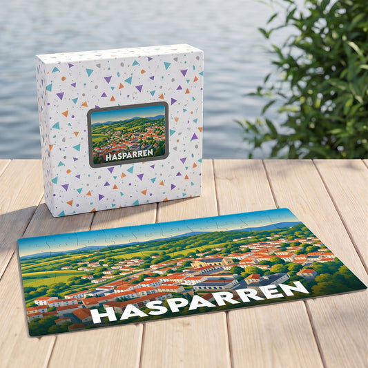 Puzzle souvenir de la ville de Hasparren avec une illustration stylisée et colorée.
