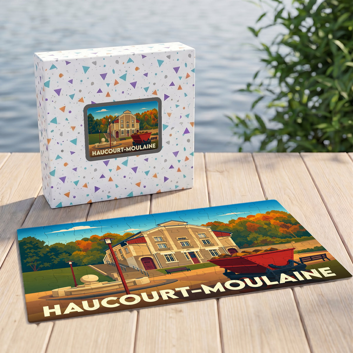 Puzzle souvenir de la ville de Haucourt-Moulaine avec une illustration stylisée et colorée.