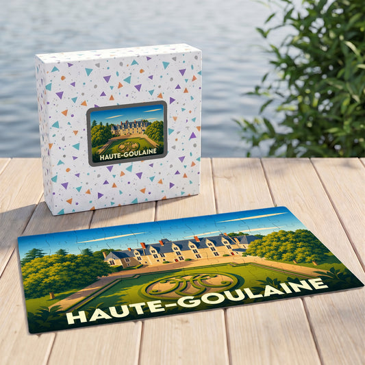 Puzzle souvenir de la ville de Haute-Goulaine avec une illustration stylisée d'un château.