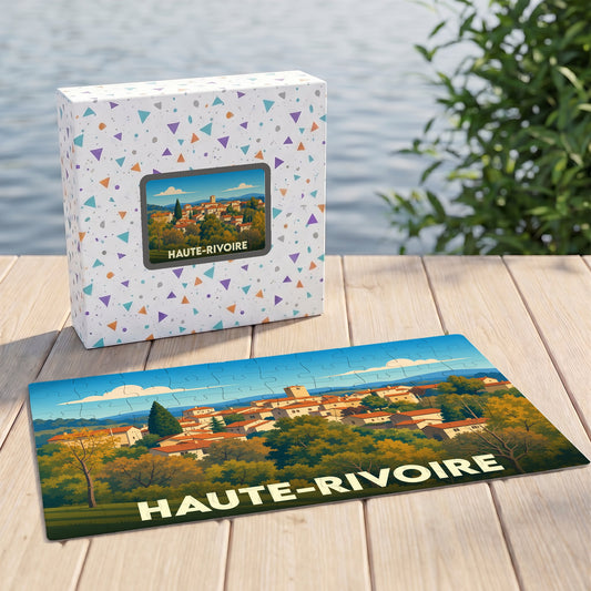 Puzzle souvenir de la ville de Haute-Rivoire avec une illustration stylisée de son paysage urbain.