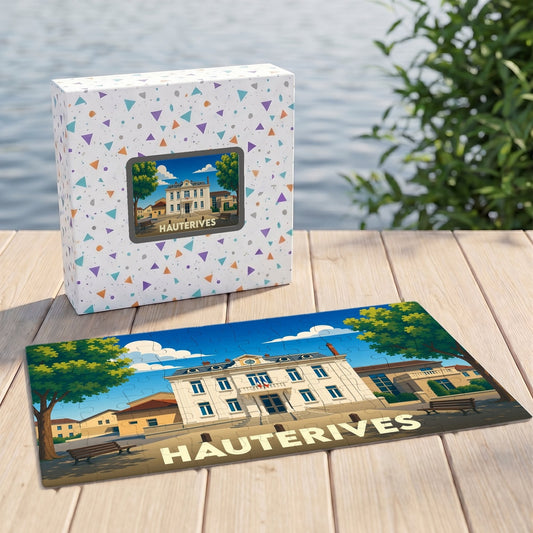 Puzzle souvenir de la ville de Hauterives avec une illustration stylisée d'un bâtiment officiel.