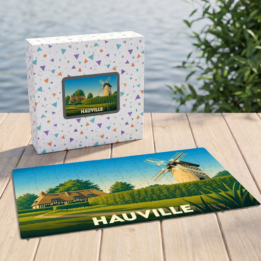 Puzzle souvenir de la ville de Hauville avec une illustration stylisée d'un moulin et de sa boîte assortie.