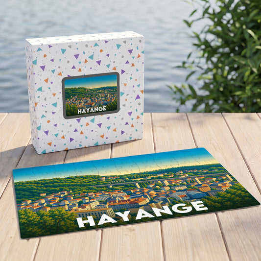 Puzzle souvenir de la ville de Hayange avec une illustration panoramique stylisée.