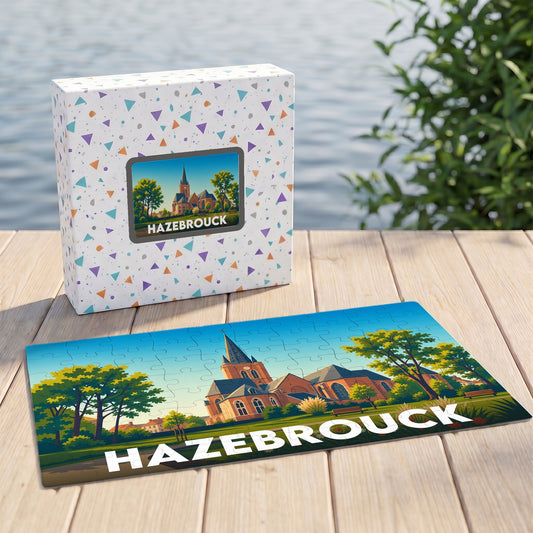 Puzzle souvenir de la ville de Hazebrouck avec une illustration stylisée d'une église et de son parc.