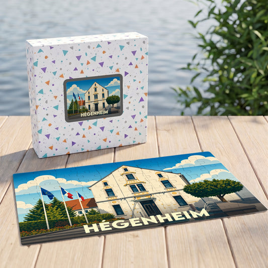 Puzzle souvenir de la ville de Hégenheim illustrant son hôtel de ville dans un style graphique épuré.