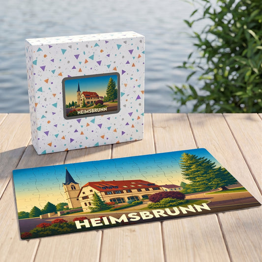 Puzzle souvenir de la ville de Heimsbrunn avec une illustration stylisée d'un paysage urbain.