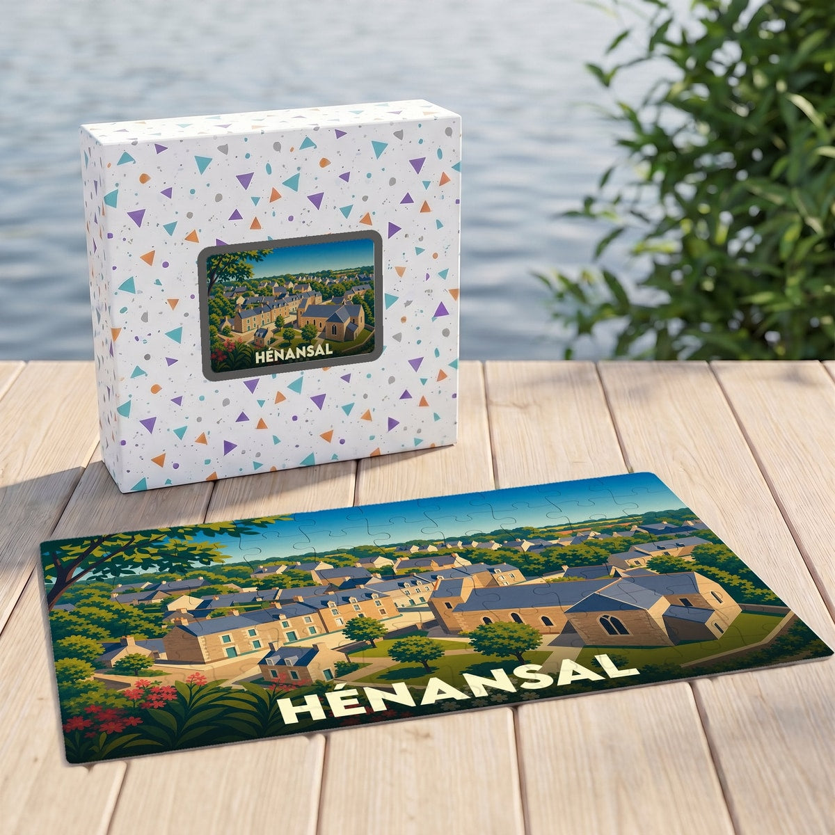 Puzzle souvenir de la ville de Hénansal avec une illustration stylisée.