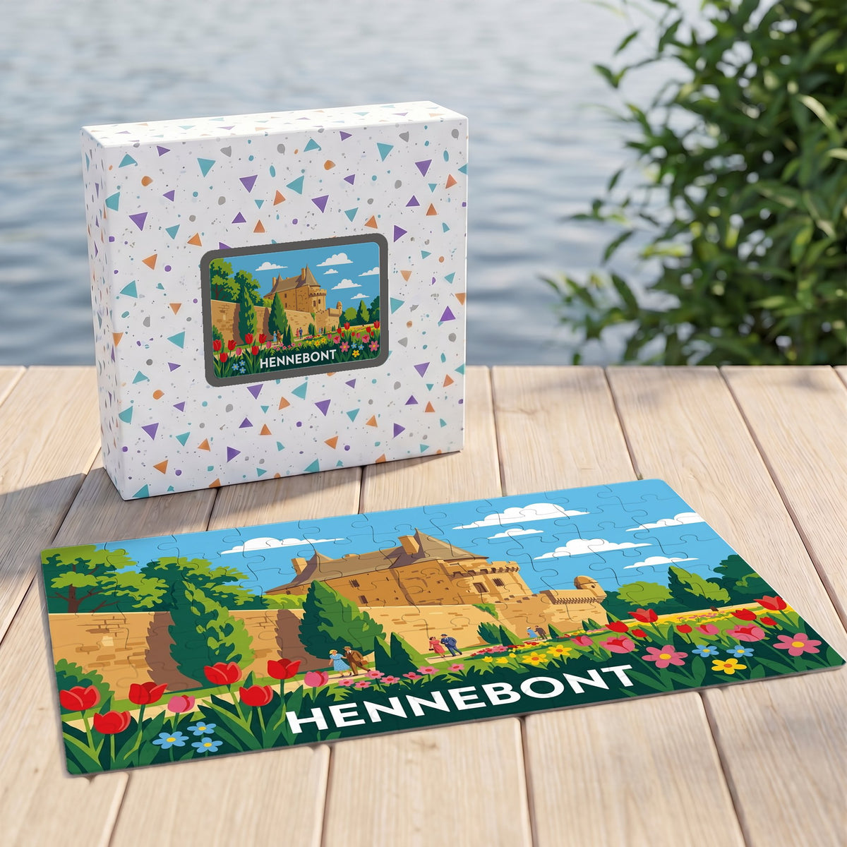 Puzzle souvenir de la ville d'Hennebont avec une illustration colorée représentant ses remparts et son château.