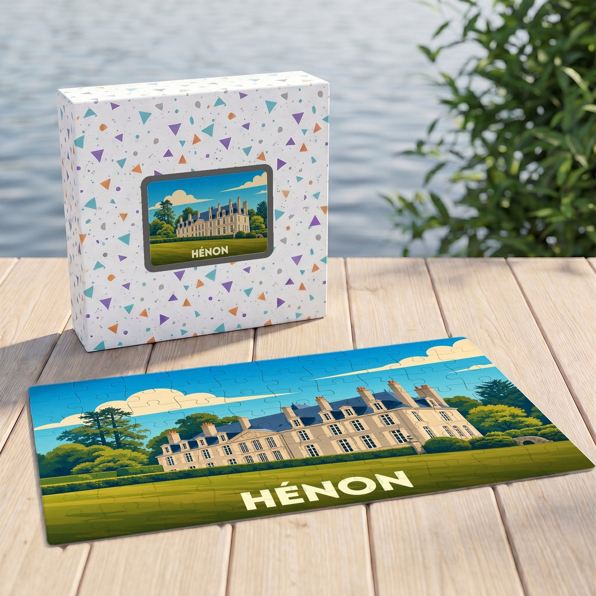 Puzzle souvenir de la ville de Hénon avec une illustration stylisée d'un château.