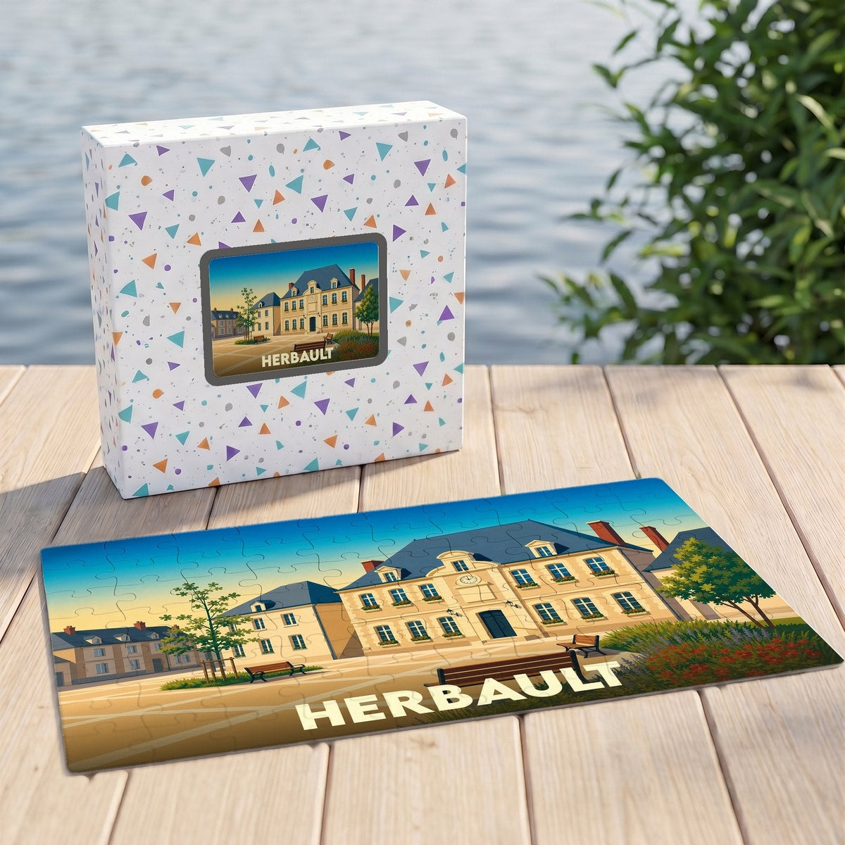 Puzzle souvenir de la ville d'Herbault avec une illustration stylisée et colorée.